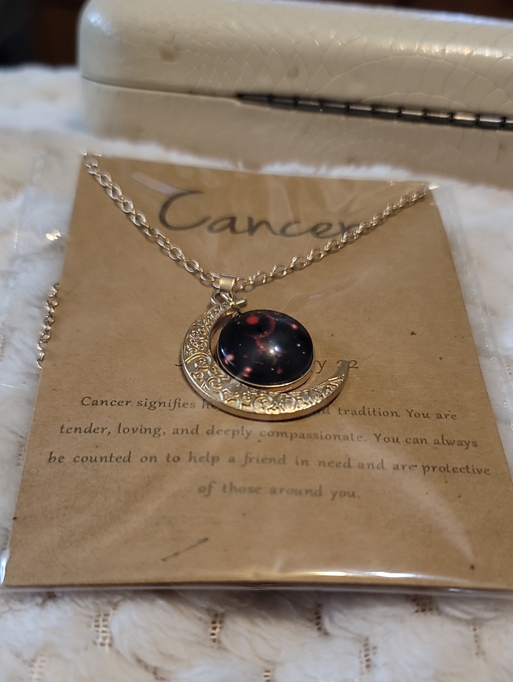 Golden Crescent Moon Necklace with Black & Red Galaxy Pendant - Cancer